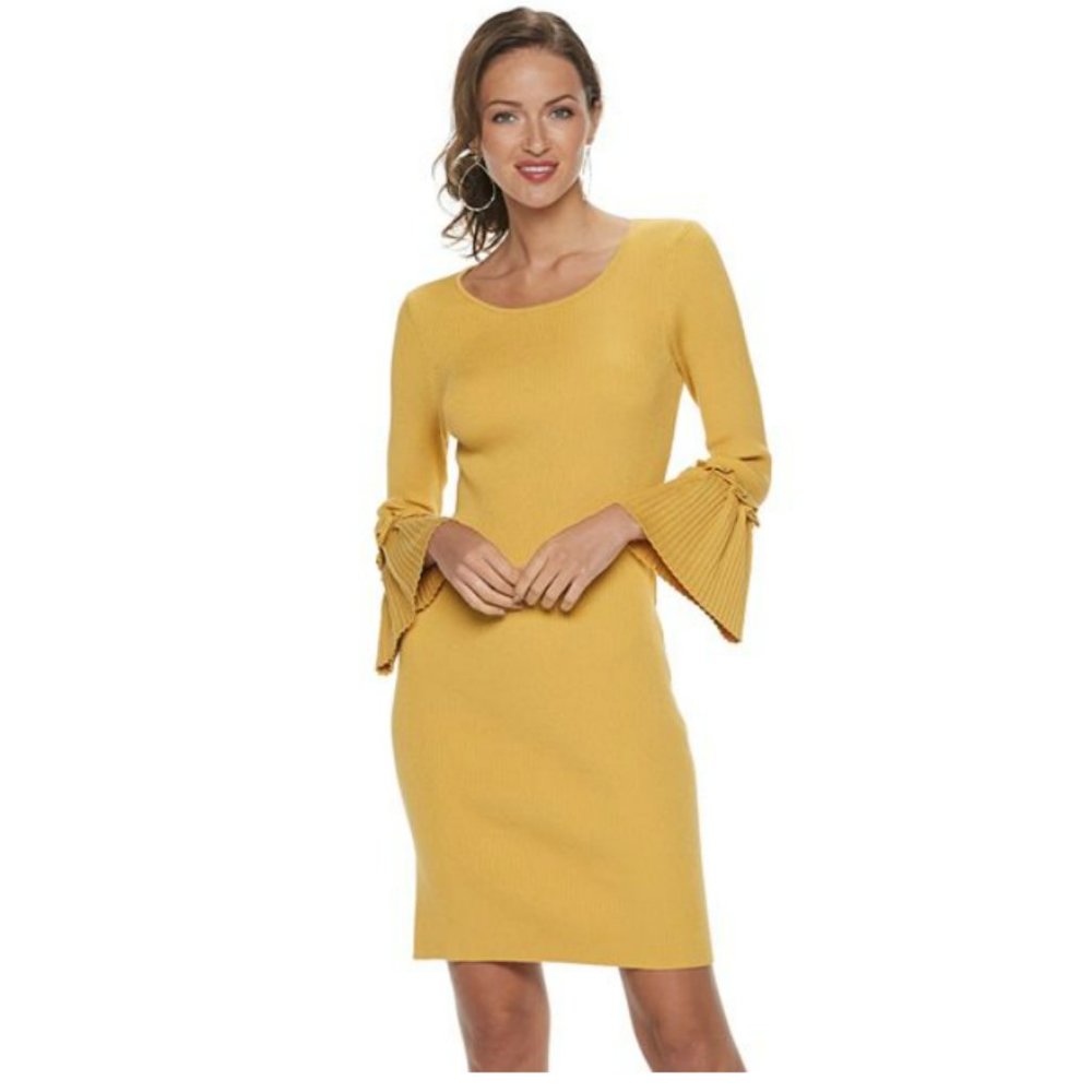 BRAND NEW Beautiful Mustard NINA LEONARD Bell Sleeve Ribbed Sweater Dress